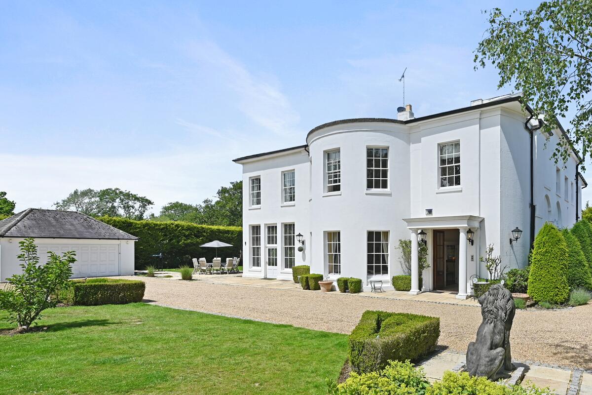 Woodhill House from the gravel drive, the bow front and porch